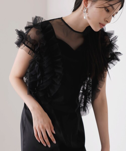 VIS（ビス）の「【新色追加】【VISDRESS】チュールフリルセットオールインワン【低身長向けサイズ有】（つなぎ/オールインワン・レディース・ブラック/ダークブラウン系/ライトグリーン・M/PM）」の10枚目の写真