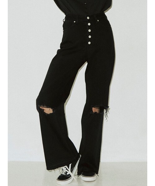 jouetie（ジュエティ）の「ハイウエストダメージワイドパンツ（デニムパンツ・レディース・アイスブルー/レッド/インディゴ/ブラック・S/M）」の6枚目の写真