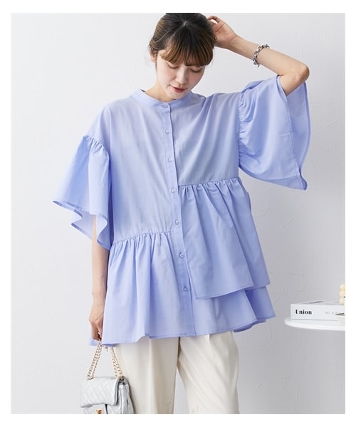 Goen.j ホワイト フリルデザイン 半袖シャツ 麻 nissen（ニッセン）の 