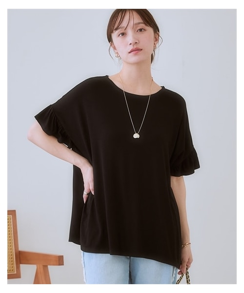 nissen（ニッセン）の「＜大きいサイズ＞ とろみ素材ゆるシルエット袖フリルカットソープルオーバー（接触冷感・ＵＶカット）（Tシャツ/カットソー・レディース・ダークベージュ/ラズベリー/ロイヤルブルー/黒・L/LL/3L/4L/5L/6L/8L/10L）」の19枚目の写真