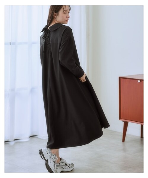 nissen（ニッセン）の「バックレースアップシャツワンピース＜大きいサイズ有＞（ワンピース・レディース・ピンク系ストライプ/ブルー系ストライプ/黒・S/M/L/LL/3L/4L/5L/6L/8L/10L）」の9枚目の写真