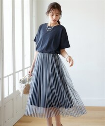 nissen | 大きいサイズ異素材使いチュールプリントドッキングワンピース(ワンピース)