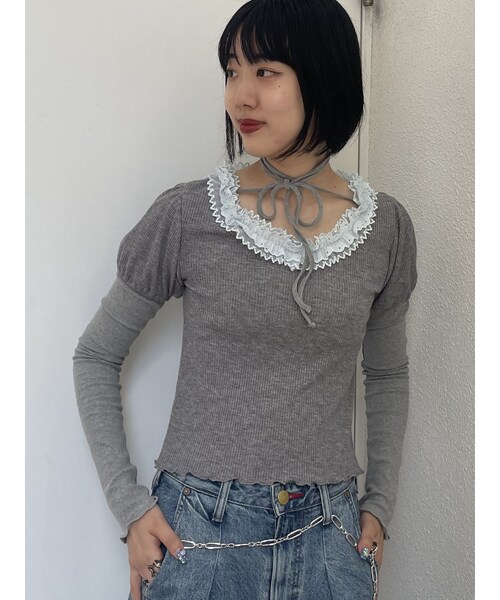 フリルネックレイヤードトップス セール】フリルネックレイヤードトップス（Tシャツ/カットソー