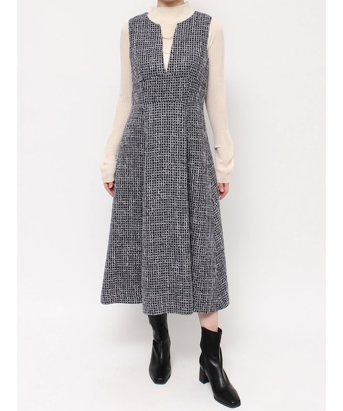 【新品タグ付き】dazzlin ディープネックツイードジャンスカ ブラック M 新品タグ付き】dazzlin ディープネックツイードジャンスカ