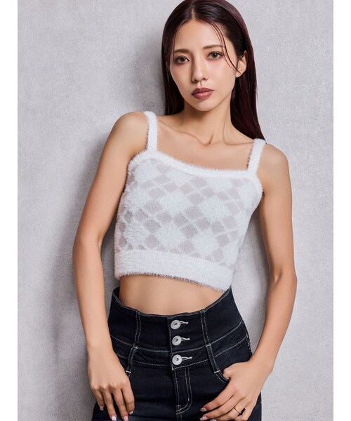 GYDA（ジェイダ）の「Argyll patternミニシャギーニットキャミ（キャミソール・レディース・オフホワイト/ブラック・F）」の2枚目の写真