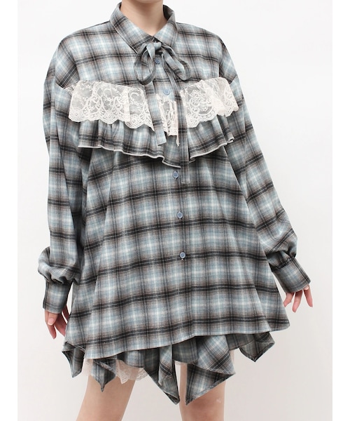 jouetie(ジュエティ)の「フリルチェックルーズシャツ(シャツ/ブラウス・レディース・レッド/ピンク/ブルー・F)」の6枚目の写真