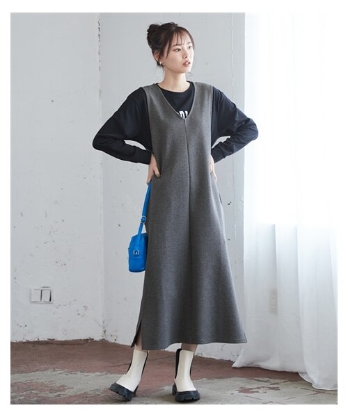 nissen（ニッセン）の「大きいサイズVネックもちもちやわらかジャンパースカート（ワンピース・レディース・キャラメル/杢チャコールグレー/黒/カーキ・L/LL/3L/4L/5L/6L/8L/10L）」の9枚目の写真