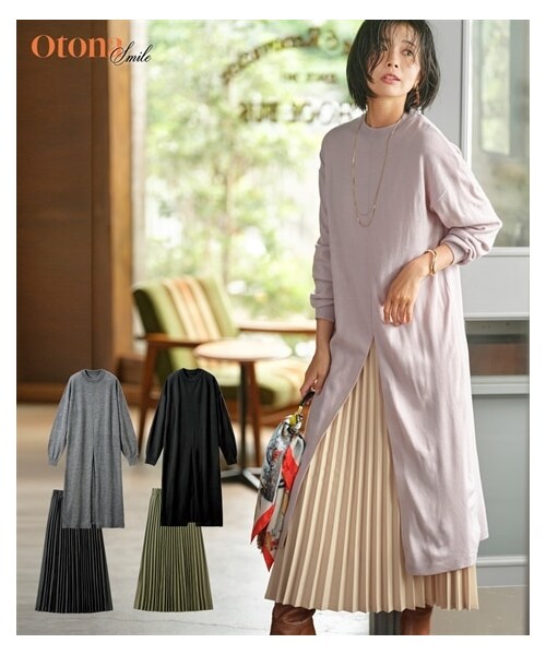 nissen（ニッセン）の「２点セット（ニットチュニック＋プリーツスカート）【OtonaSMILE】（ニット/セーター・レディース・ラベンダー+ライトベージュ/杢グレー+黒/黒+カーキ・M/L~LL/3L~4L/5L~6L）」の3枚目の写真