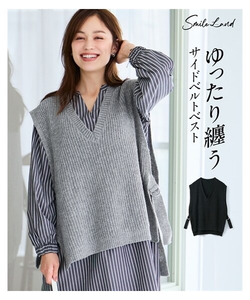 nissen（ニッセン）の「＜大きいサイズ＞ゆるシルエットサイドベルトニットベスト（ニット/セーター・レディース・杢グレー/黒・L~LL/3L~4L/5L~6L/8L/10L）」の2枚目の写真