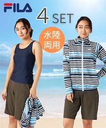 nissen（ニッセン）の「フィラ　水陸両用４点セット（メッシュボーダーUVラッシュガード・ハーフパンツ・ タンキニ水着）/FILA（325-607）（水着・キッズ）」