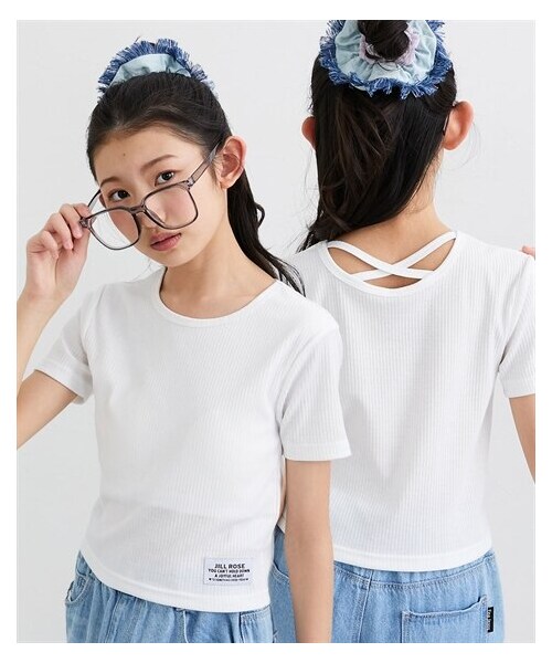 nissen（ニッセン）の「選べる♪カップ付き半袖デザインTシャツ（女の子）（Tシャツ/カットソー・キッズ・オフホワイト(肩開き風)/アイスブルー(肩開き風)/黒(肩開き風)/オフホワイト(クロスデザイン)/アイスブルー(クロスデザイン)/黒(クロスデザイン)・140/150/160）」の2枚目の写真