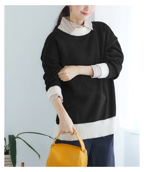 nissen（ニッセン）の「大きいサイズ ふんわり軽い配色ニットプルオーバー（ニット/セーター・レディース・ブルー系/黒系/マスタード系・L/LL/3L/4L/5L/6L/8L/10L）」の4枚目の写真