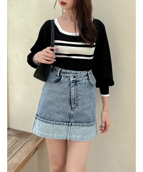 dazzlin（ダズリン）の「アシメウエストデニムミニスカート（デニムスカート・レディース・アイボリー/ブラック/ミックス・S/M）」の3枚目の写真