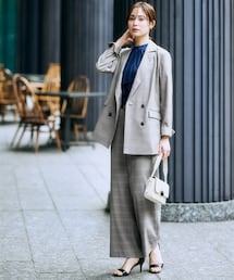 7days Life Styling | 【レディーススーツ】うすカルストレッチセミワイドパンツスーツ（ダブルブレストテーラードジャケット＋パンツ）（多機能シャドーチェック）(スーツセット)