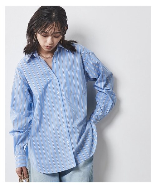 nissen（ニッセン）の「大きいサイズ 綿100％バックロングシャツ シックスタイル（シャツ/ブラウス・レディース・オフホワイト/ブルーストライプ・L/LL/3L/4L/5L/6L/8L/10L）」の14枚目の写真