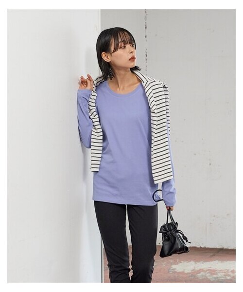 nissen（ニッセン）の「綿１００％フライスクルーネックＴシャツ（Tシャツ/カットソー・レディース・黒/オフホワイト/杢グレー/チャコールネイビー/グレーベージュ/アプリコットオレンジ/パープリッシュブルー・L/LL/3L/4L/5L/6L/8L/10L）」の6枚目の写真