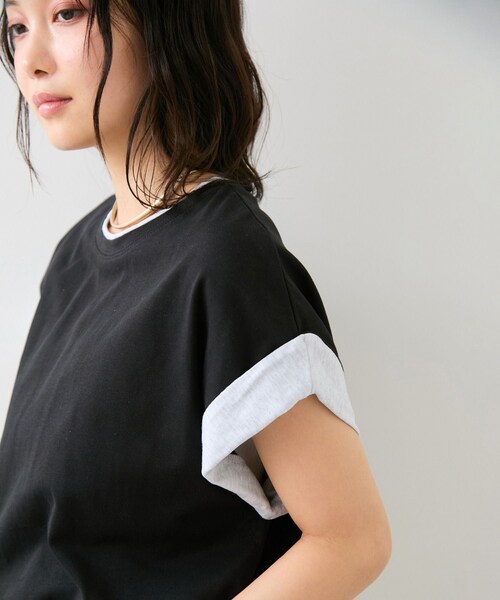 VIS(ビス)の「【WEB限定】天竺袖配色Tシャツ(Tシャツ/カットソー・レディース・ブラック/ライトグレー/オフホワイト・F)」の12枚目の写真