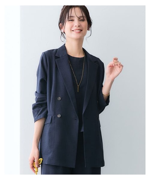 nissen（ニッセン）の「【袖丈が選べる2タイプ】麻調合繊ダブルブレストジャケット(しわになりにくい・接触冷感・UVカット・ウォッシャブル)<大きいサイズ有>（ジャケット/アウター・レディース・モカブラウン/ネイビー/モカブラン(長袖)/ネイビー(長袖)・S/M/L/LL/3L/4L/5L/6L）」の4枚目の写真