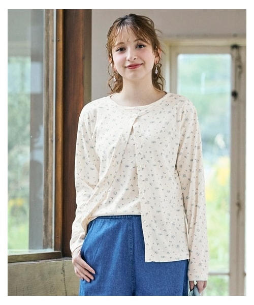 nissen（ニッセン）の「＜大きいサイズ＞パターンメッシュアンサンブル(カーディガン＋５分袖Tシャツ)（Tシャツ/カットソー・レディース・ピンク(小花)/オフホワイト(小花)/黒/ブルー・L/LL/3L/4L/5L/6L/8L/10L）」の2枚目の写真