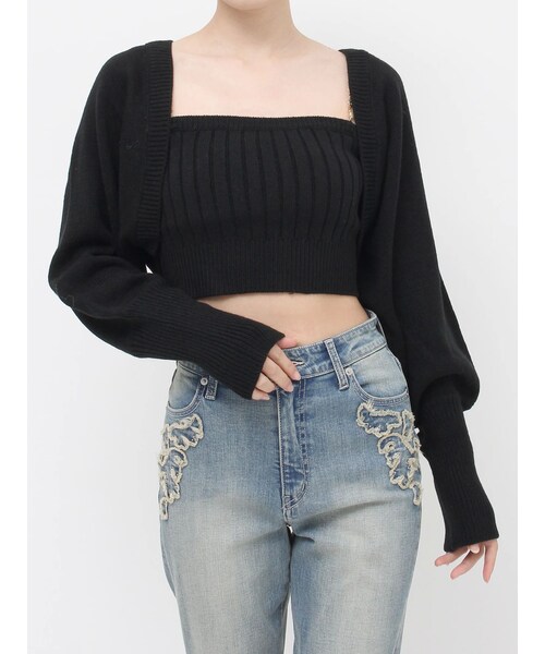 EVRIS（エヴリス）の「ビジューアンサンブルニットトップス（カーディガン/ボレロ・レディース・ブラック/レッド/ブルー・F）」の3枚目の写真