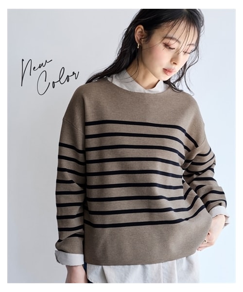 nissen（ニッセン）の「マシュマロニットミラノリブボートネックトップス＜大きいサイズ有＞（ニット/セーター・レディース・オフホワイト×黒ボーダー/ネイビー×オフホワイトボーダー/オフホワイト×サックスボーダー/ブラック/ピンク/モカ×ネイビーボーダー/オフベージュ×チェリーレッド/グレー/オフベージュ×モカ/チョコ×オフベージュ・S/M/L/LL/3L/4L/5L/6L/8L/10L）」の5枚目の写真
