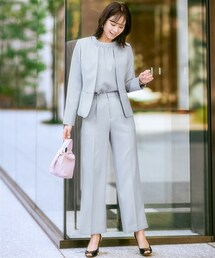 7days Life Styling | 【レディーススーツ】ドビー素材ペプラムノーカラージャケットセットアップスーツ(ジャケット+前後2WAYブラウス+ワイドストレートパンツ)<大きいサイズ有>(スーツセット)