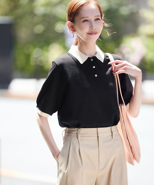 ROPE' PICNIC(ロペピクニック)の「【新色追加】バイカラーレイヤード風ニットポロシャツ(ポロシャツ・レディース・ブラック系/ホワイト系/ブラウン系/ダークグリーン/サックス・38)」の10枚目の写真