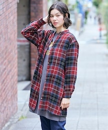 nissen | <大きいサイズ>さらっと羽織れるチェック柄スキッパーシャツチュニック(チュニック)