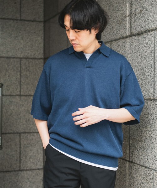 URBAN RESEARCH DOORS（アーバンリサーチドアーズ）の「リネン混ハイゲージ スキッパーニットポロシャツ（ポロシャツ・メンズ・BLACK/BLUE・M/L）」の16枚目の写真