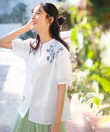 nissen | 大きいサイズ綿１００％５分袖バンドカラー刺しゅうブラウス(シャツ/ブラウス)