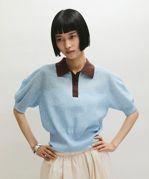 ADAM ET ROPE'(アダムエロペ)の「【定番】ラミーニットポロシャツ(ポロシャツ・レディース・キナリ/ダークブラウン系/サックス・F)」の13枚目の写真