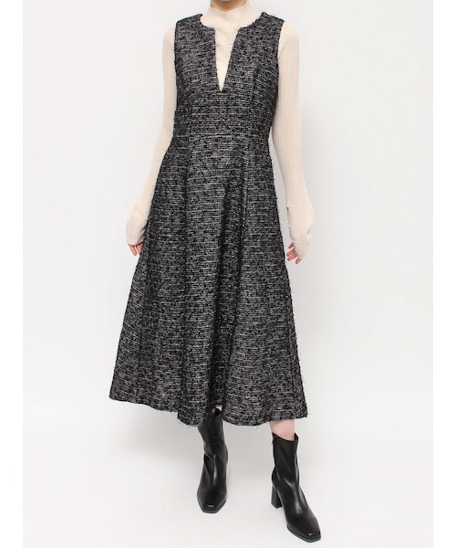 【新品タグ付き】dazzlin ディープネックツイードジャンスカ ブラック M 新品タグ付き】dazzlin ディープネックツイードジャンスカ