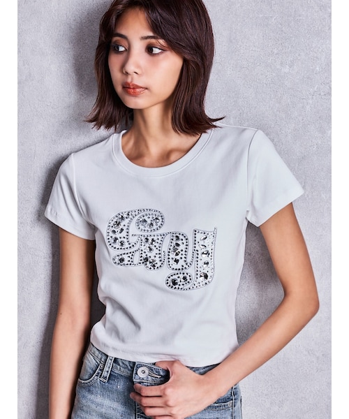 GYDA(ジェイダ)の「gy bijou Tシャツ(Tシャツ/カットソー・レディース・オフホワイト/ブラック/ピンク/パープル/その他3/その他4・F)」の1枚目の写真