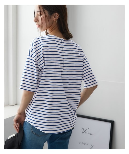 tシャツ 「洗える/UVケア」ボーダー ボートネックデザインカットソー レディース ボートネックボーダーTシャツ(半袖)(洗濯機OK) - ファッション