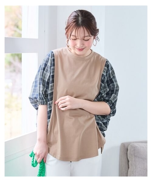 nissen（ニッセン）の「＜大きいサイズ＞チェック柄切替ゆったりドルマンスリーブトップス（Tシャツ/カットソー・レディース・チャコール/ネイビー/ベージュ・L/LL/3L/4L/5L/6L/8L/10L）」の11枚目の写真