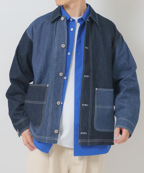 ITEMS URBANRESEARCH（アイテムズ アーバンリサーチ）の「ヒッコリー×デニム切替ワークジャケット（デニムジャケット・メンズ・BLK/NVY・M/L）」の14枚目の写真