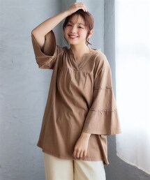 nissen | ＜大きいサイズ＞綿100％ピグメント加工フレア袖トップス(Tシャツ/カットソー)