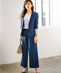 nissen | 【レディーススーツ】ストレッチセミワイドパンツスーツ（ノーカラージャケット＋パンツ）（多機能リネンライクシリーズ）(フォーマルスーツ/小物)