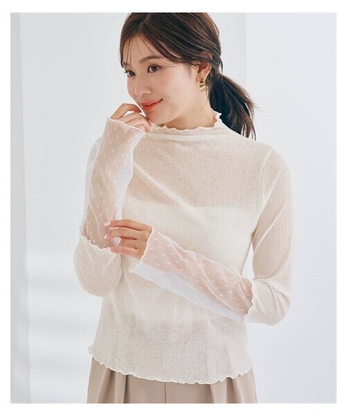 nissen（ニッセン）の「袖ドットシアー切替プチハイネックカットソートップス（Tシャツ/カットソー・レディース・黒/オフホワイト・S/M/L/LL）」の5枚目の写真