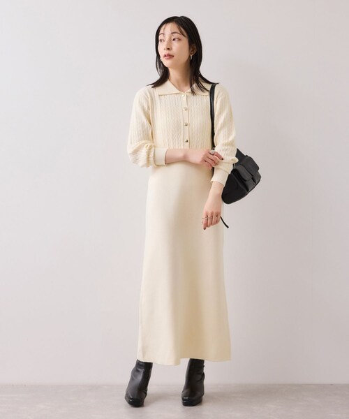 VIS（ビス）の「ポロケーブルモチモチニットワンピース（ワンピース・レディース・オフホワイト/ベージュ系/ネイビー・F）」の8枚目の写真