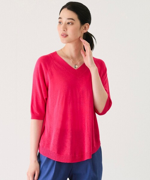 Jayro（ジャイロ）の「Ｖネック5分袖ニットトップス　　（ニット/セーター・レディース・グレー/ベージュ/モスグリーン/ネイビー/ブルー/ピンク/イエロー・F）」の13枚目の写真