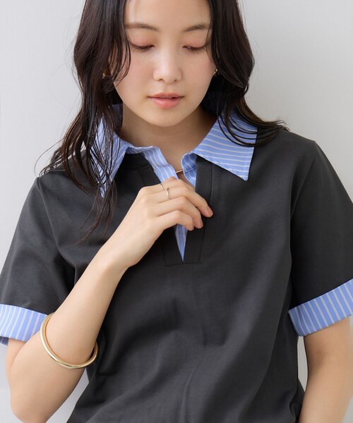 VIS(ビス)の「ICE BEAUTY ドッキング衿ハーフスリーブプルオーバー/UVケア・接触冷感・汗染み防止(Tシャツ/カットソー・レディース・チャコール/ライトグレー/オフホワイト・F)」の9枚目の写真