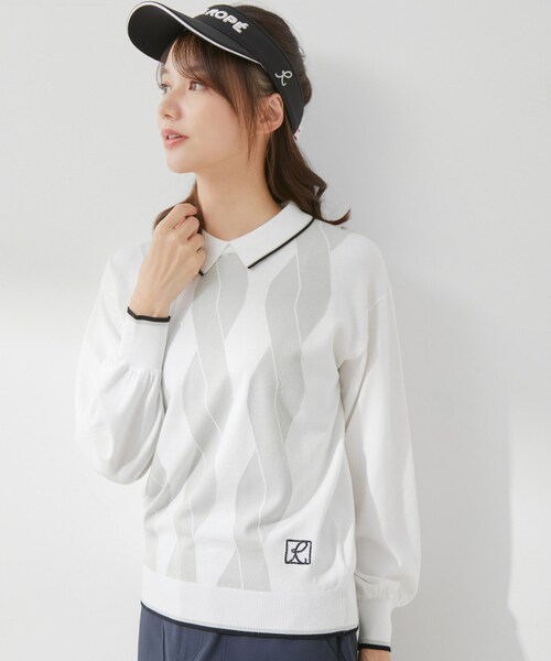 ROPE'（ロペ）の「ケーブル柄衿使いパフ袖長袖プルオーバー（ニット/セーター・レディース・ホワイト/グリーン/ネイビー・L/M/S）」の2枚目の写真