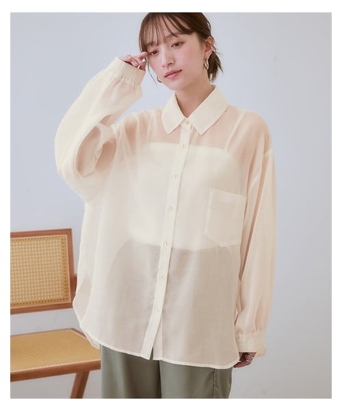 nissen（ニッセン）の「ロング丈シアーシャツ＜大きいサイズ有＞（シャツ/ブラウス・レディース・ブルー系ストライプ/オフホワイト/チャコールグレー/ソフトイエロー/ブラウン系ストライプ・S/M/L/LL/3L/4L/5L/6L）」の8枚目の写真