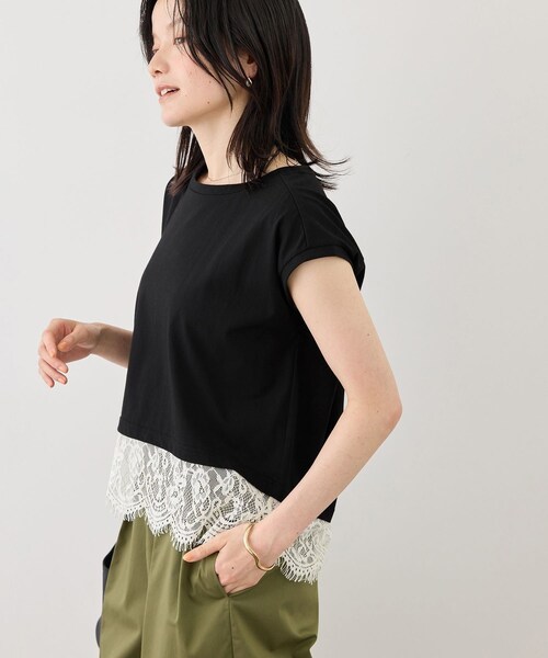 ROPE' PICNIC(ロペピクニック)の「レースドッキングフレンチスリーブトップス/UVカット・接触冷感・汗染み防止(Tシャツ/カットソー・レディース・ブラック/ホワイト/サックス/クリーム・F)」の10枚目の写真