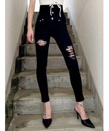 GYDA | H/Wボタン ダメージスキニーデニムパンツ(デニムパンツ)