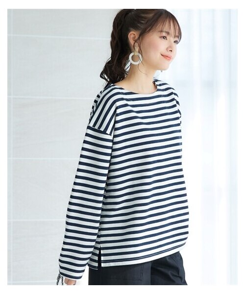 nissen（ニッセン）の「大きいサイズ　ボートネックボーダーカットソー　miclat（Tシャツ/カットソー・レディース・グリーン×ホワイト/ブルー×ホワイト・L~LL相当/3L~4L相当/5L~6L相当）」の5枚目の写真