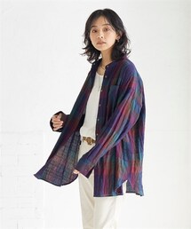 nissen | 大きいサイズ　柔らか綿混ヘリンボーンバンドカラーゆるシャツ(シャツ/ブラウス)