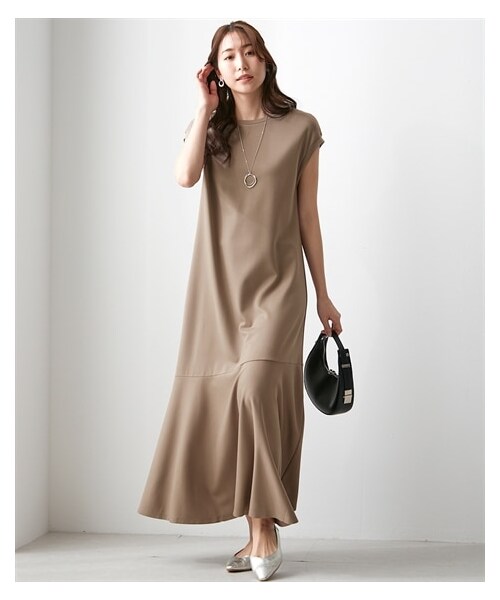 ANDMARY クリーム色 カットソーワンピース カットソーレーストリムワンピース(ワンサイズ アイボリー