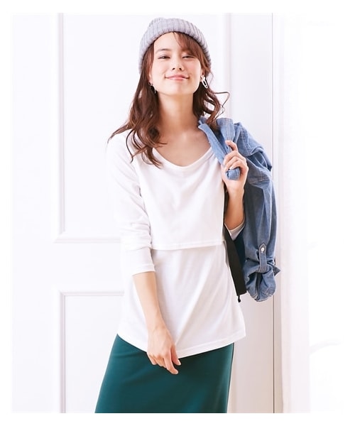 nissen（ニッセン）の「【産前・産後　授乳服】授乳しやすい　丸首長袖無地Ｔシャツ（マタニティウェア/グッズ・レディース・黒/【移行済】ディープネイビー/ボルドー/モカブラウン/【移行済】杢グレー/オフホワイト/ライム/グレージュ/スモークピンク/くすみブルー/くすみライラック/ライトネイビー・マタニティS/マタニティM/マタニティL/マタニティLL/マタニティ3L/マタニティ4L/マタニティ5L/マタニティ6L）」の6枚目の写真